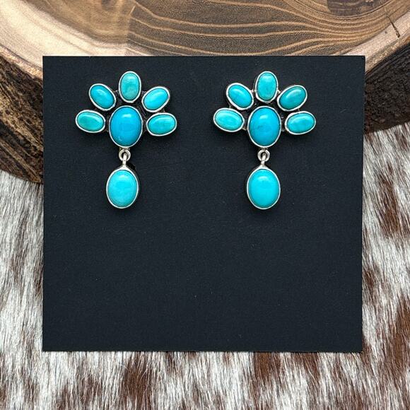 FEDERICO JIMENEZ Sterling Silver & Natural Turquoise Dangle Earrings Fan Shapes - Picture 1 of 3
